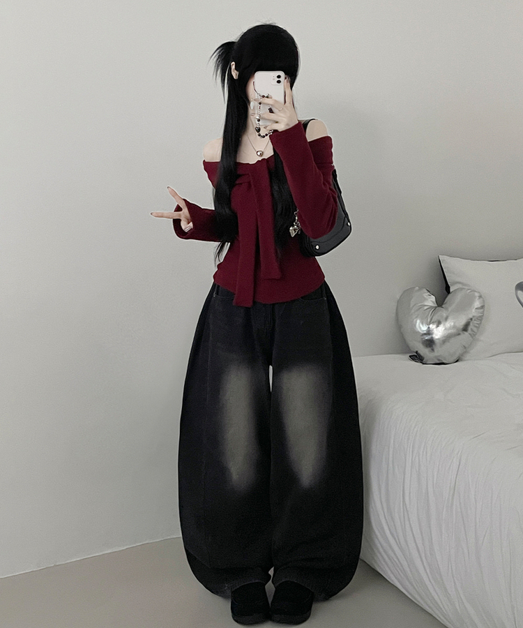 디엘꼬임리본오프숄더기모긴팔티셔츠 와인