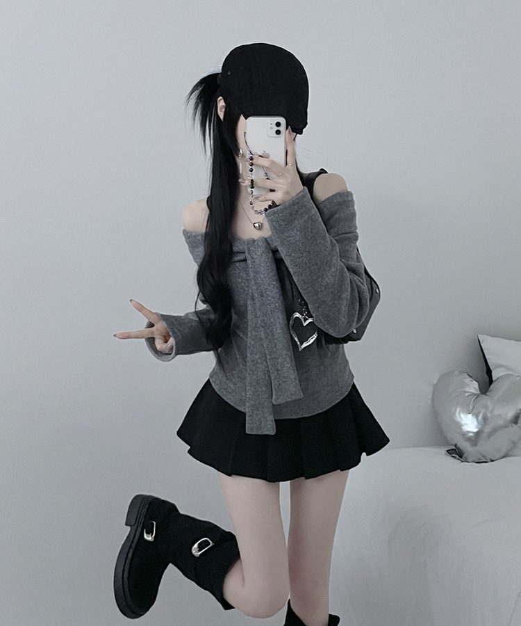 디엘꼬임리본오프숄더기모긴팔티셔츠 회색