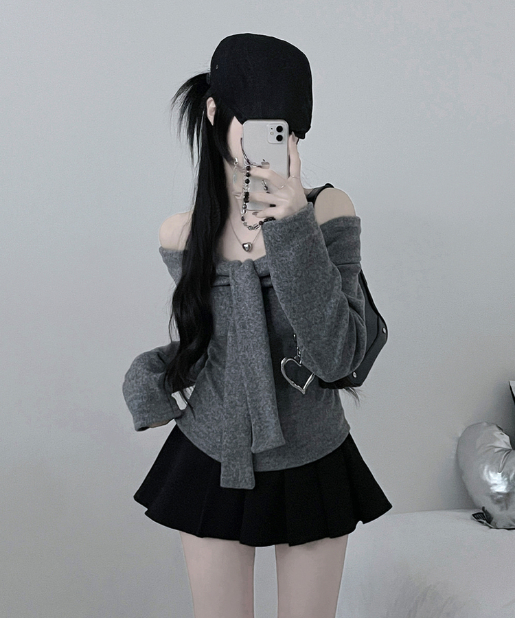 디엘꼬임리본오프숄더기모긴팔티셔츠 회색