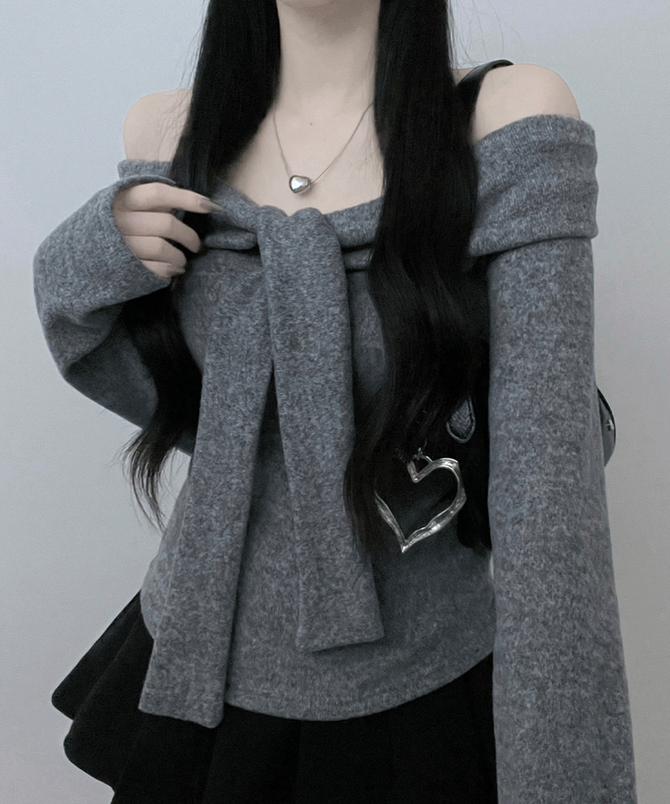 디엘꼬임리본오프숄더기모긴팔티셔츠 회색