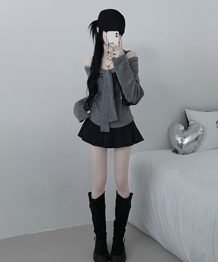 디엘꼬임리본오프숄더기모긴팔티셔츠 회색