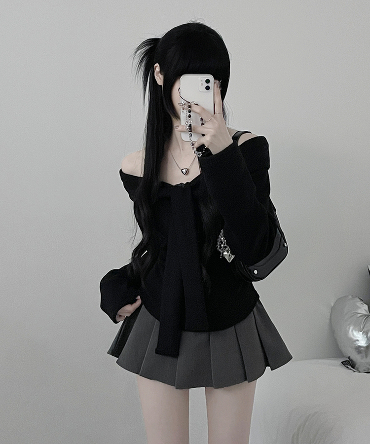 디엘꼬임리본오프숄더기모긴팔티셔츠 검정