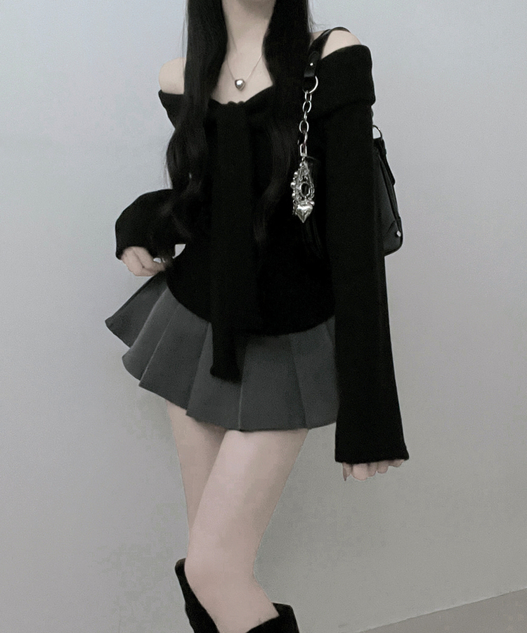 디엘꼬임리본오프숄더기모긴팔티셔츠 검정