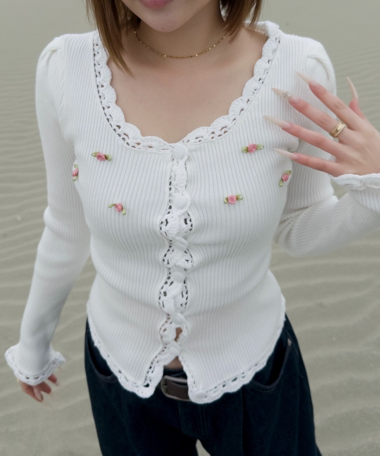 ピンクローズニットカーディガン WHITE