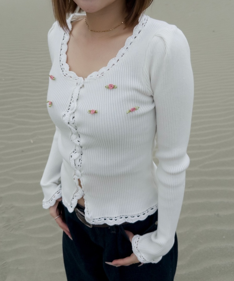 ピンクローズニットカーディガン WHITE