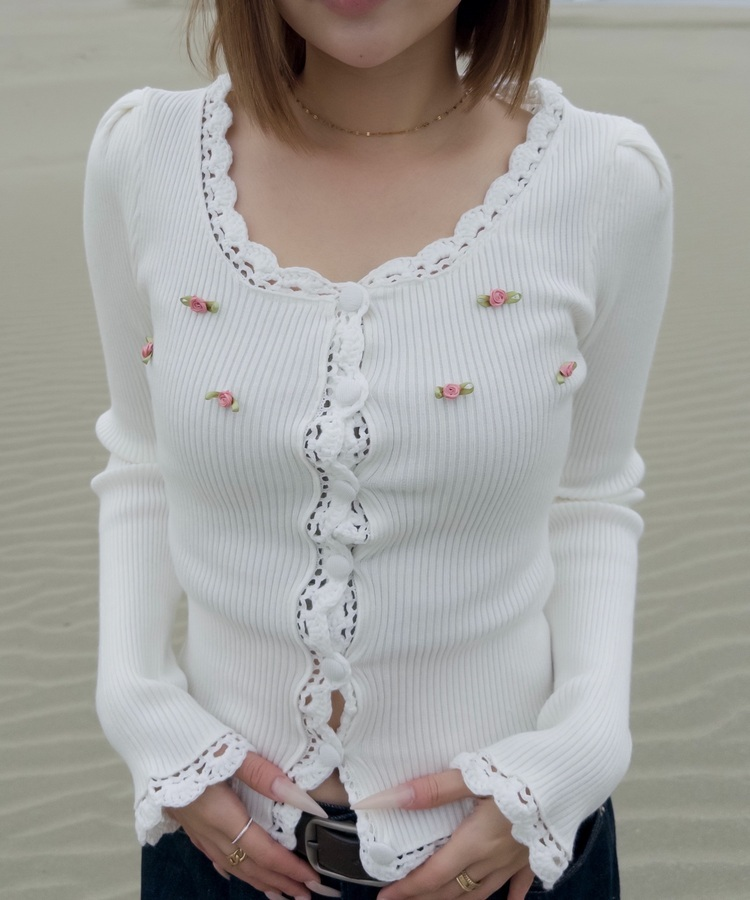ピンクローズニットカーディガン WHITE