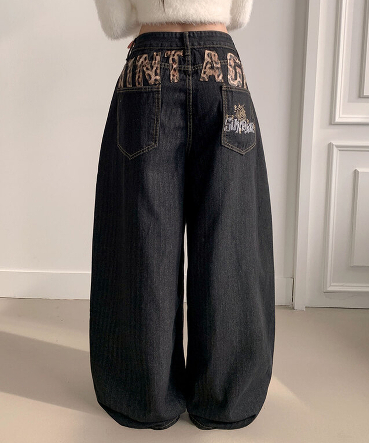 보노 레오파드 레터링 패치 자수 벌룬핏 데님 팬츠 레오파드데님