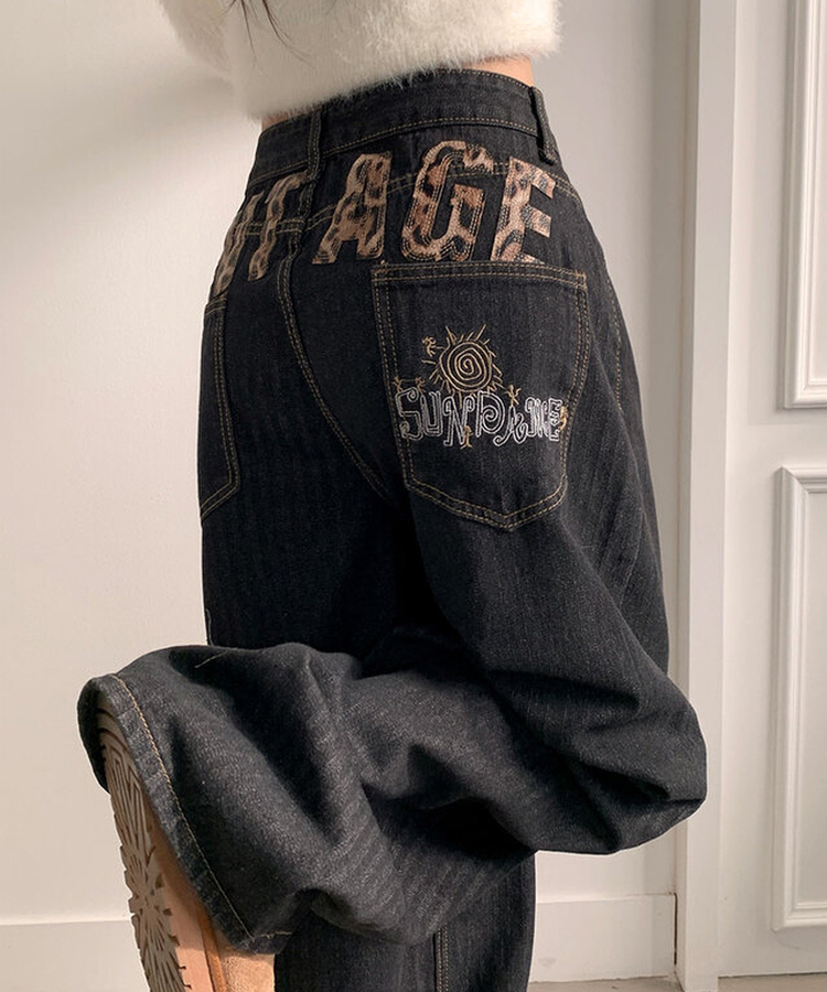 보노 레오파드 레터링 패치 자수 벌룬핏 데님 팬츠 레오파드데님