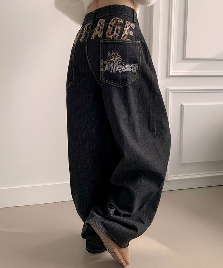 보노 레오파드 레터링 패치 자수 벌룬핏 데님 팬츠 레오파드데님