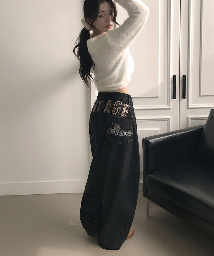 보노 레오파드 레터링 패치 자수 벌룬핏 데님 팬츠 레오파드데님