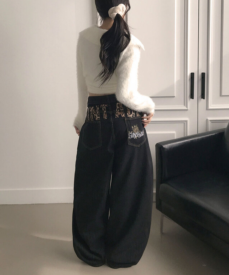 보노 레오파드 레터링 패치 자수 벌룬핏 데님 팬츠 레오파드데님