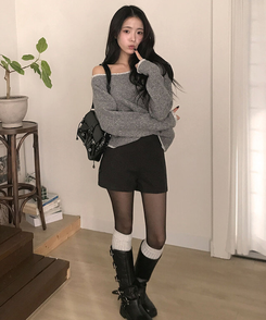 제뉴 울 하이웨스트 슬림핏 핀턱 모직 숏 팬츠 그레이