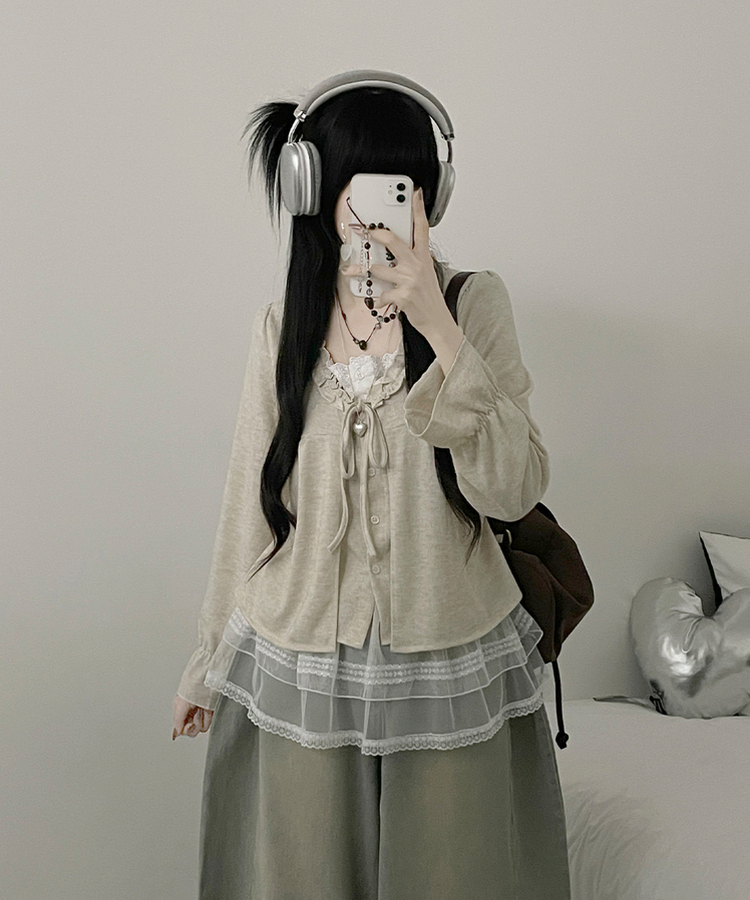 아린무지리본프릴레이어드긴팔블라우스세트 베이지