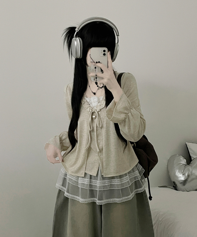 아린무지리본프릴레이어드긴팔블라우스세트 베이지