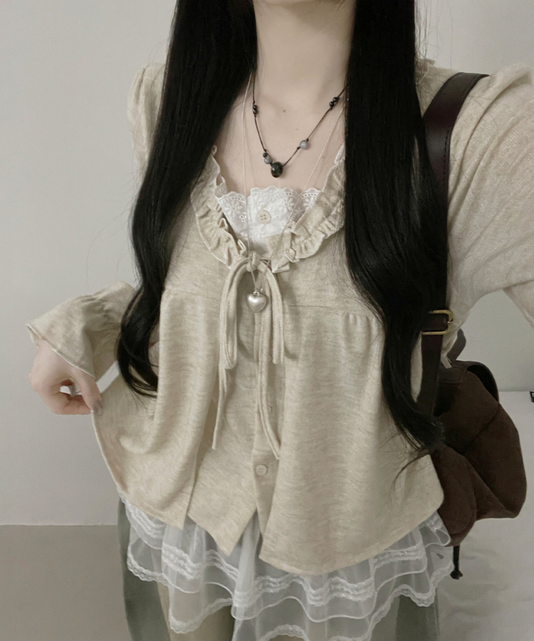 아린무지리본프릴레이어드긴팔블라우스세트 베이지