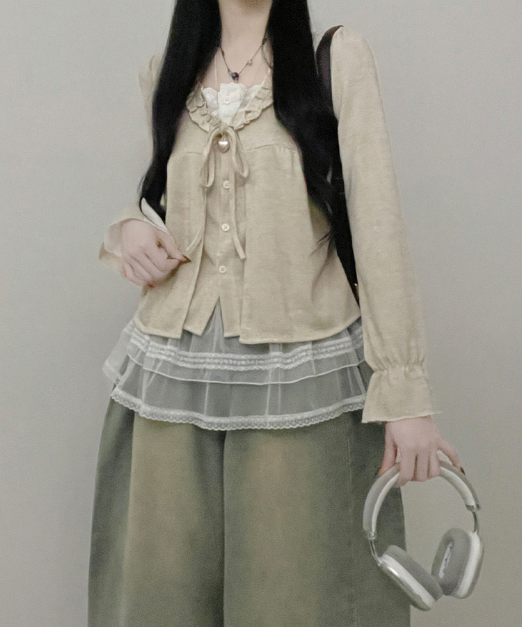 아린무지리본프릴레이어드긴팔블라우스세트 베이지