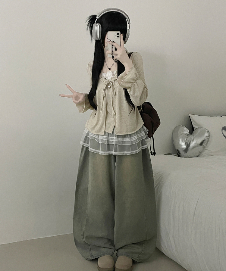 아린무지리본프릴레이어드긴팔블라우스세트 베이지