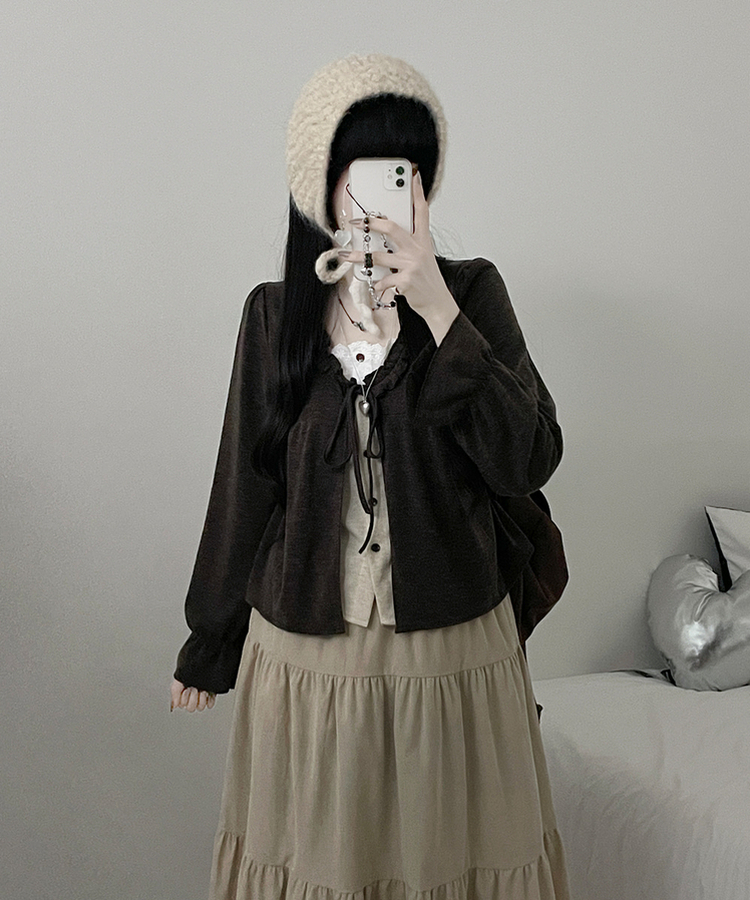 아린무지리본프릴레이어드긴팔블라우스세트 브라운