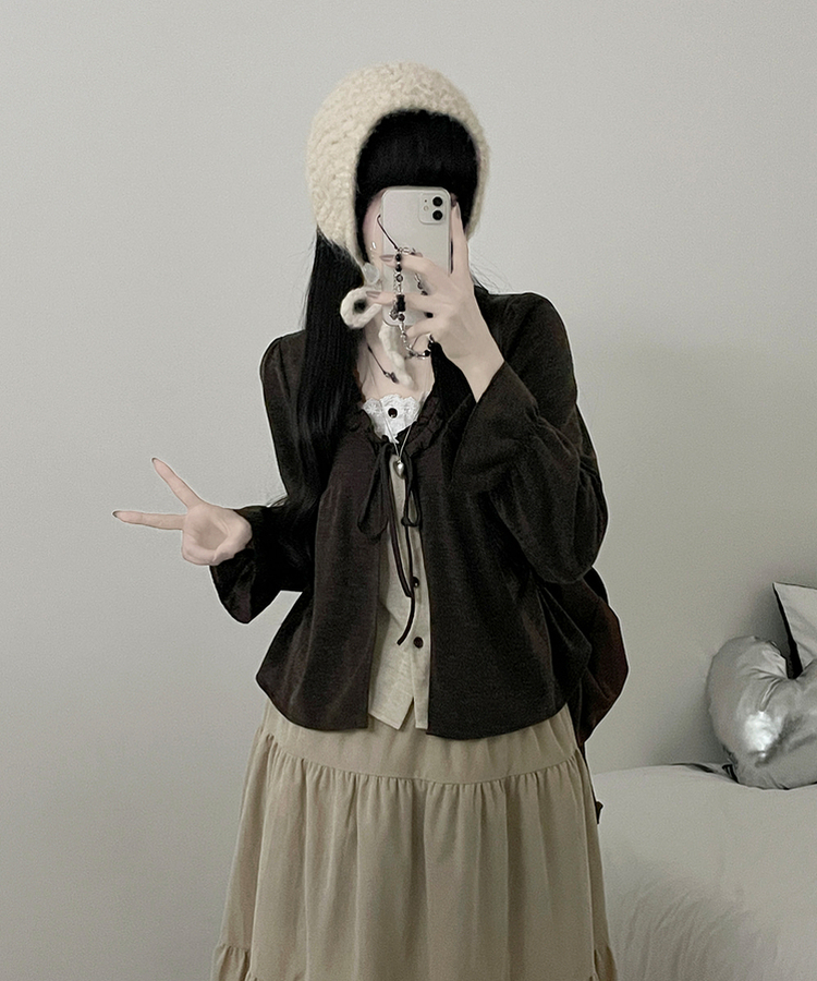 아린무지리본프릴레이어드긴팔블라우스세트 브라운