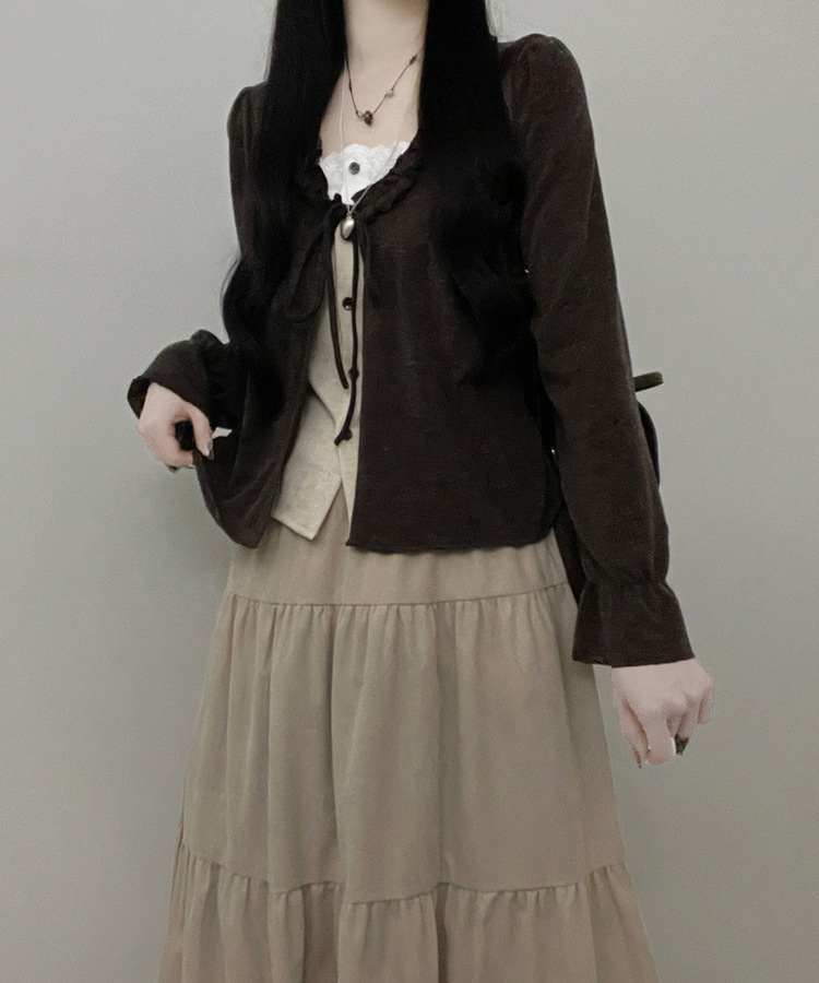 아린무지리본프릴레이어드긴팔블라우스세트 브라운