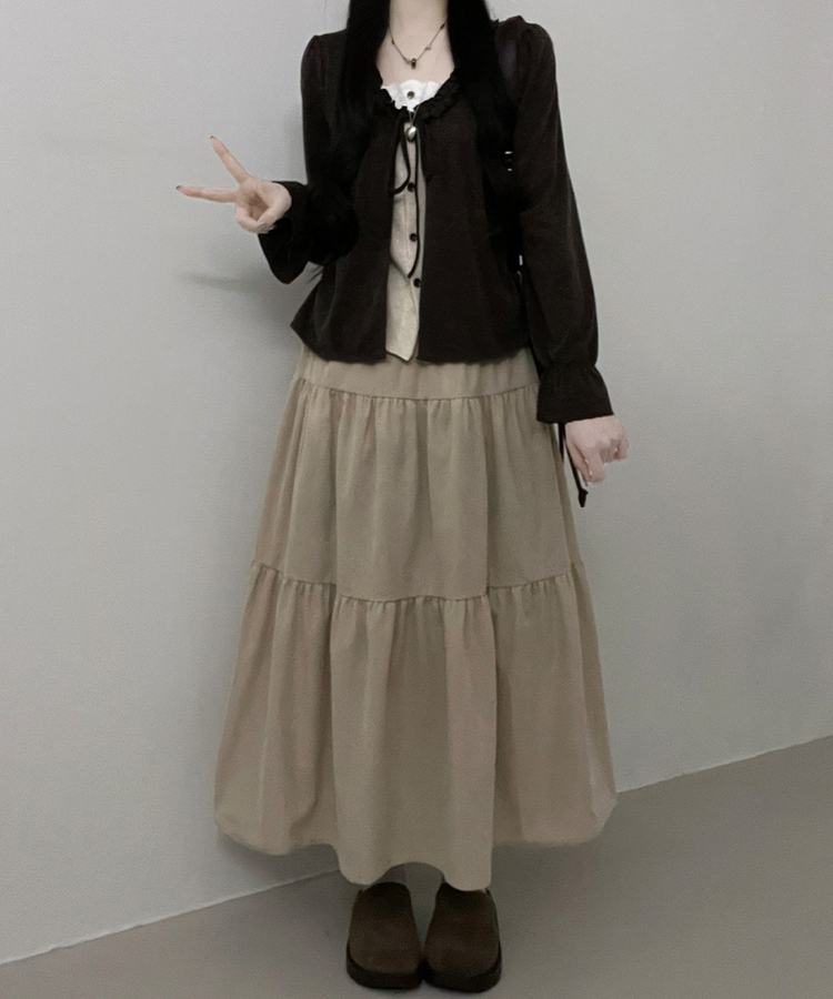 아린무지리본프릴레이어드긴팔블라우스세트 브라운