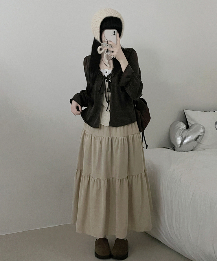 아린무지리본프릴레이어드긴팔블라우스세트 브라운