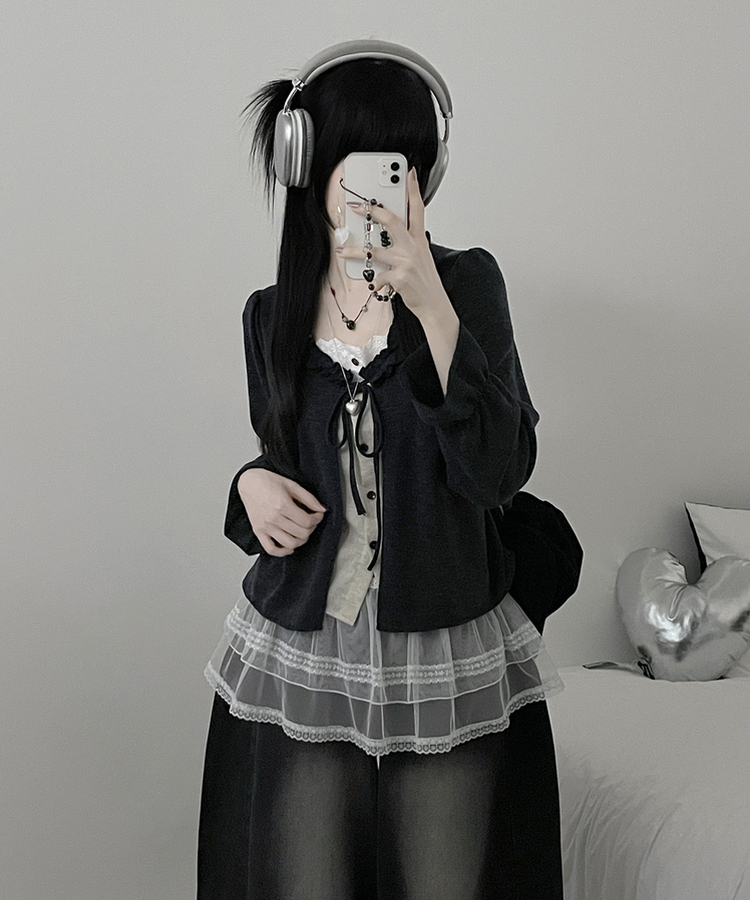 아린무지리본프릴레이어드긴팔블라우스세트 먹색