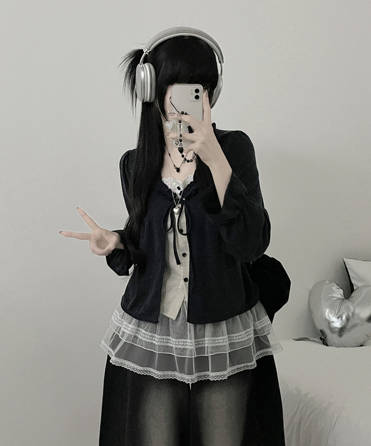 아린무지리본프릴레이어드긴팔블라우스세트 먹색