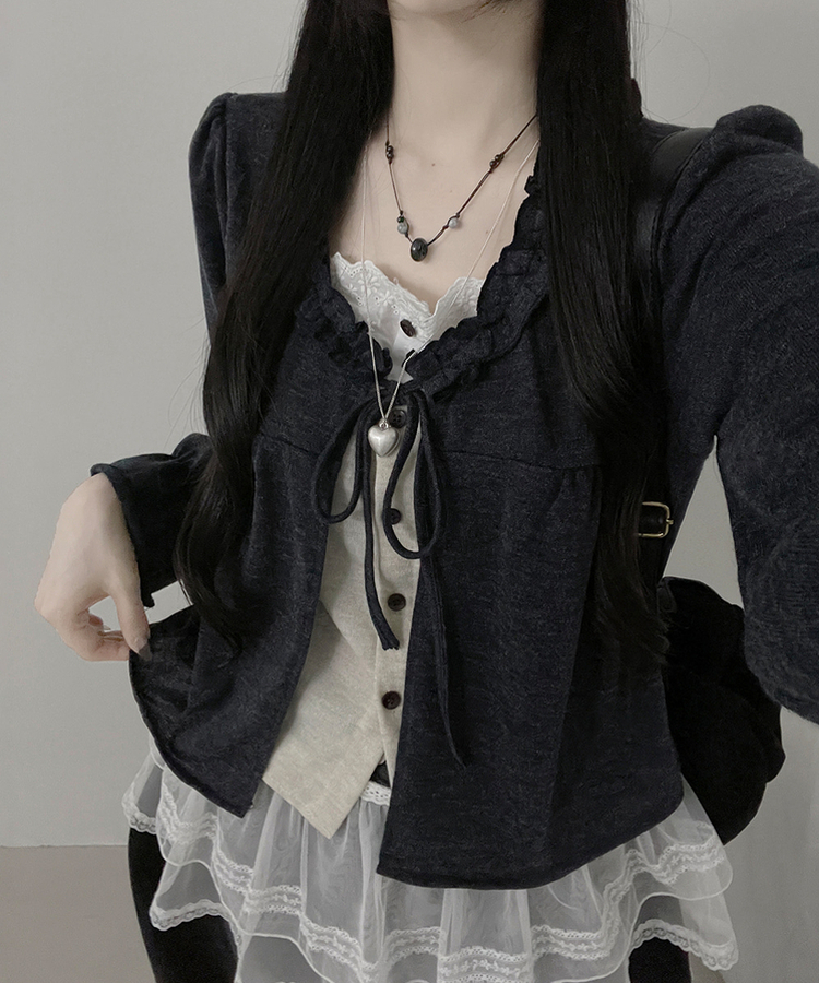 아린무지리본프릴레이어드긴팔블라우스세트 먹색