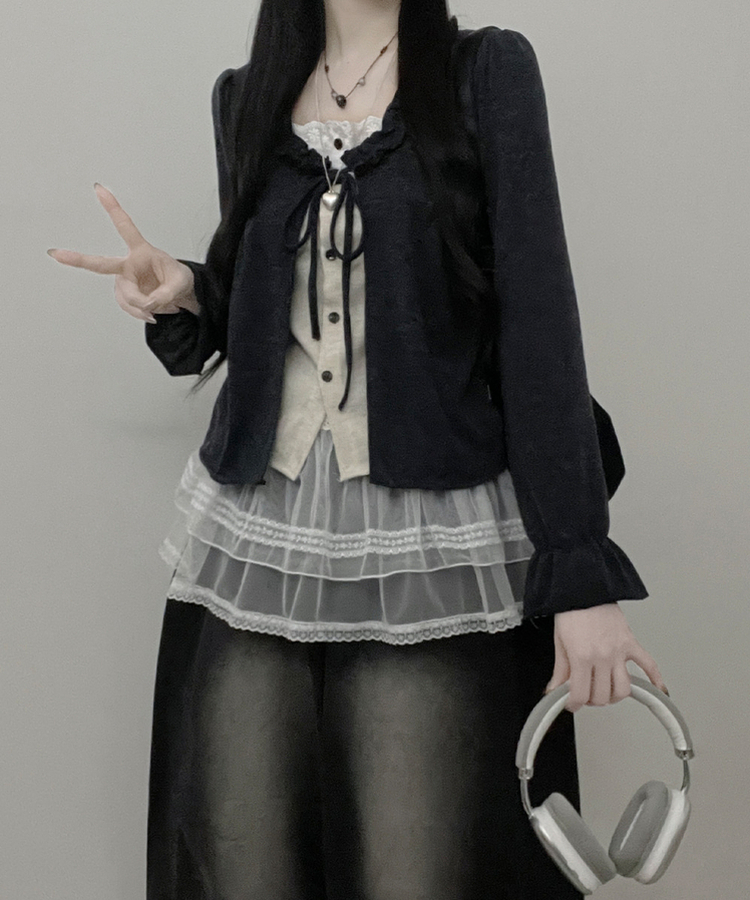 아린무지리본프릴레이어드긴팔블라우스세트 먹색