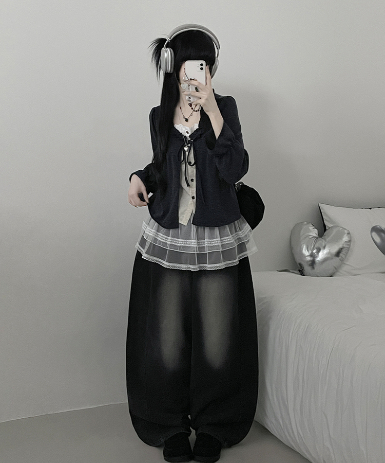 아린무지리본프릴레이어드긴팔블라우스세트 먹색