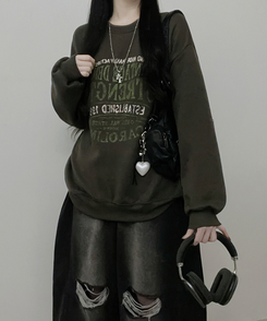 1987빈티지레터링프린팅박스핏기모맨투맨 카키