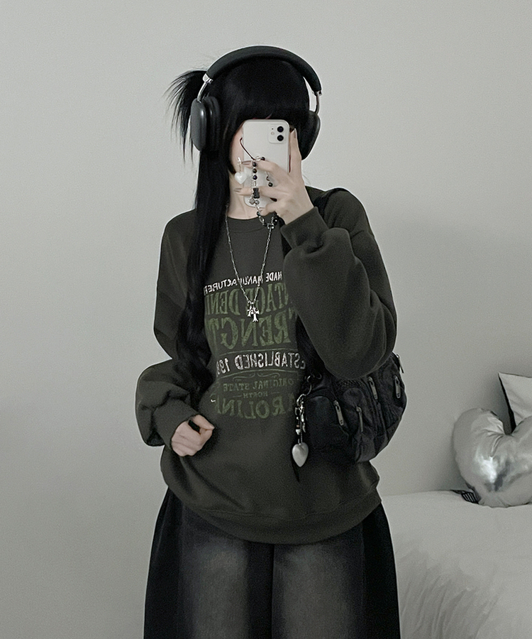 1987빈티지레터링프린팅박스핏기모맨투맨 카키