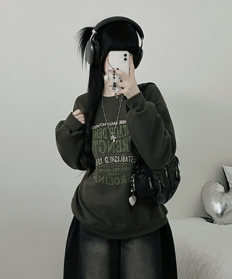 1987빈티지레터링프린팅박스핏기모맨투맨 카키