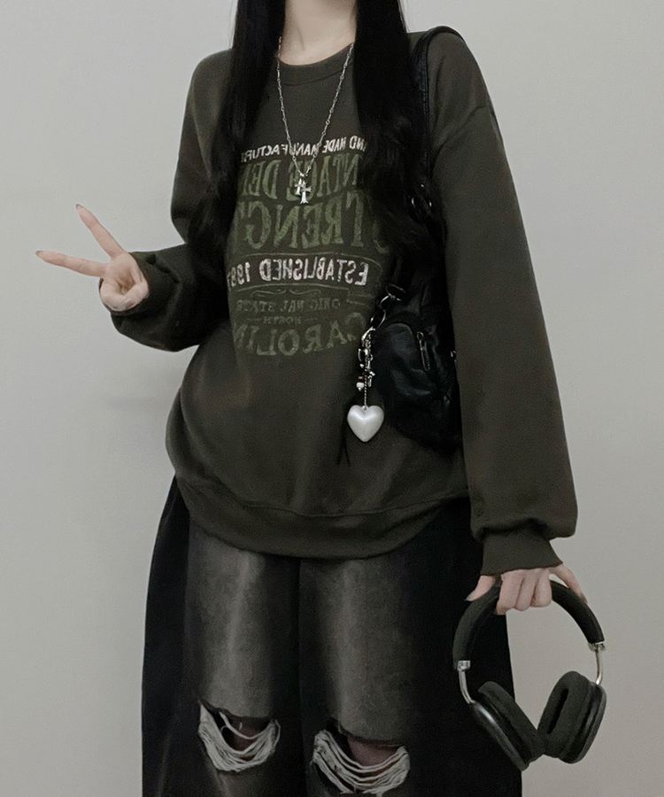 1987빈티지레터링프린팅박스핏기모맨투맨 카키