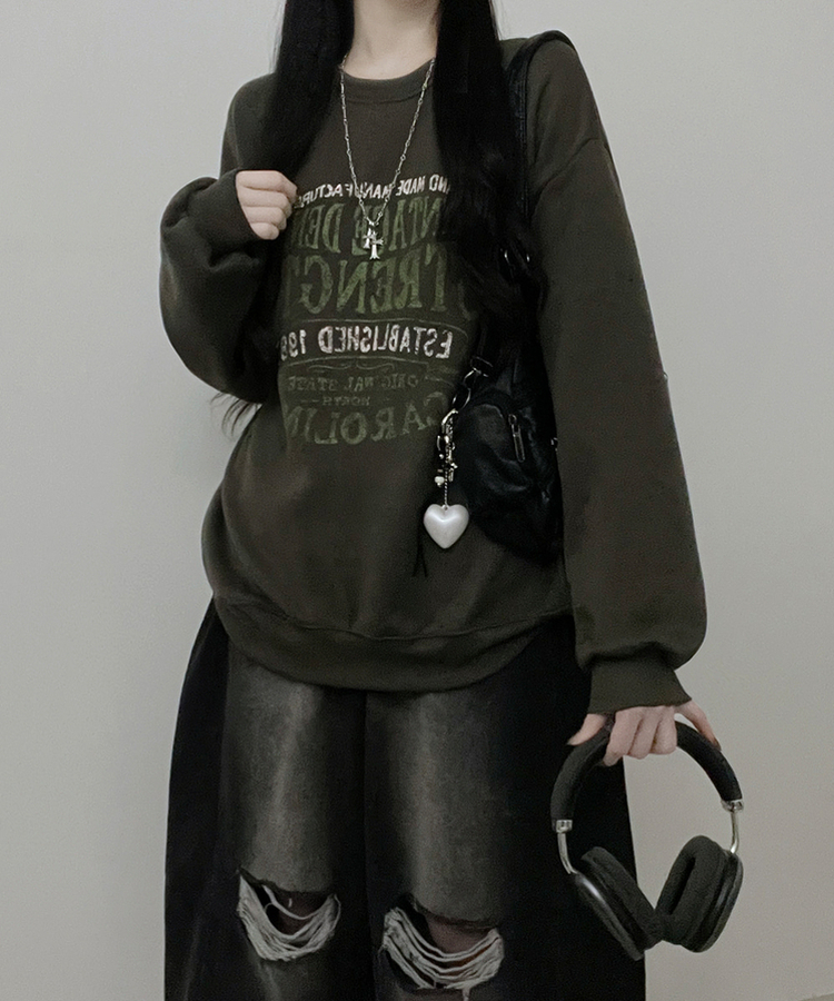 1987빈티지레터링프린팅박스핏기모맨투맨 카키