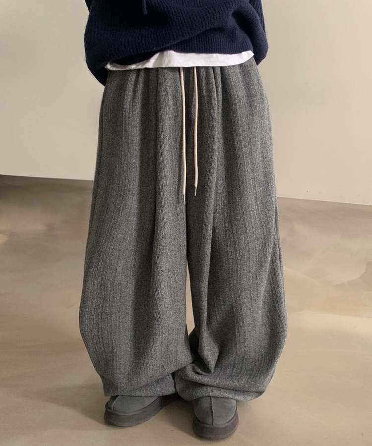 그레인 핀턱 골지니트 와이드 롱팬츠 그레이