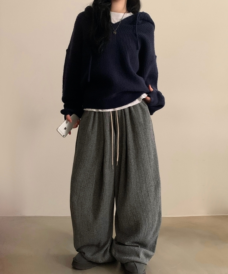 그레인 핀턱 골지니트 와이드 롱팬츠 그레이