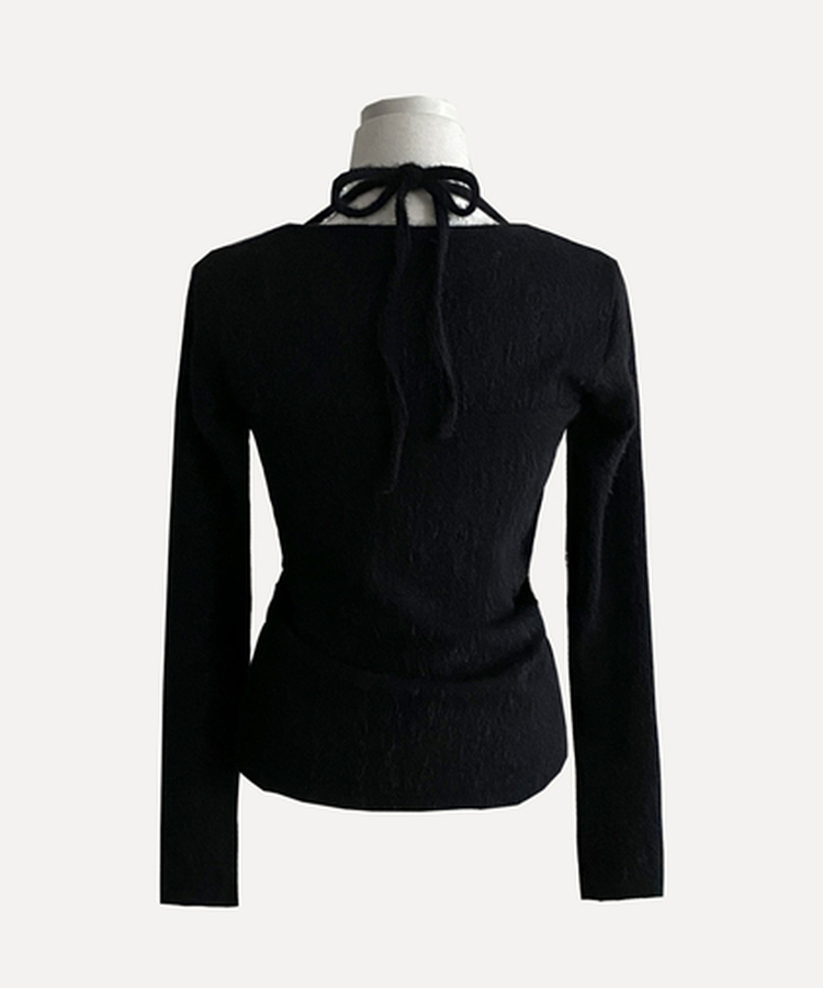 밀리 앙고라 퍼 슬림핏 라운드 긴팔니트티셔츠 홀터나시