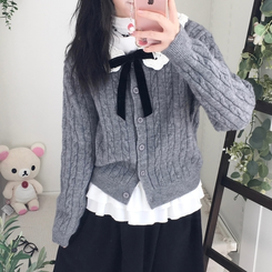 러블리 레이스카라 리본 탈부착 꽈배기 니트 가디건 그레이