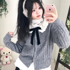 러블리 레이스카라 리본 탈부착 꽈배기 니트 가디건 그레이