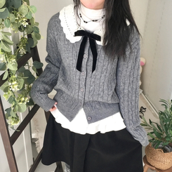 러블리 레이스카라 리본 탈부착 꽈배기 니트 가디건 그레이