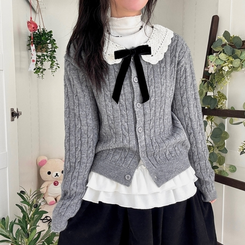 러블리 레이스카라 리본 탈부착 꽈배기 니트 가디건 그레이