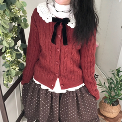 러블리 레이스카라 리본 탈부착 꽈배기 니트 가디건 레드