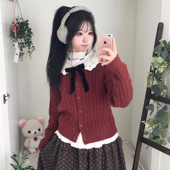 러블리 레이스카라 리본 탈부착 꽈배기 니트 가디건 레드