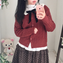 러블리 레이스카라 리본 탈부착 꽈배기 니트 가디건 레드