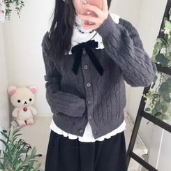 러블리 레이스카라 리본 탈부착 꽈배기 니트 가디건 먹색