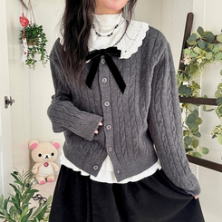러블리 레이스카라 리본 탈부착 꽈배기 니트 가디건 먹색