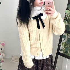 러블리 레이스카라 리본 탈부착 꽈배기 니트 가디건 베이지