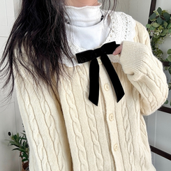 러블리 레이스카라 리본 탈부착 꽈배기 니트 가디건 베이지